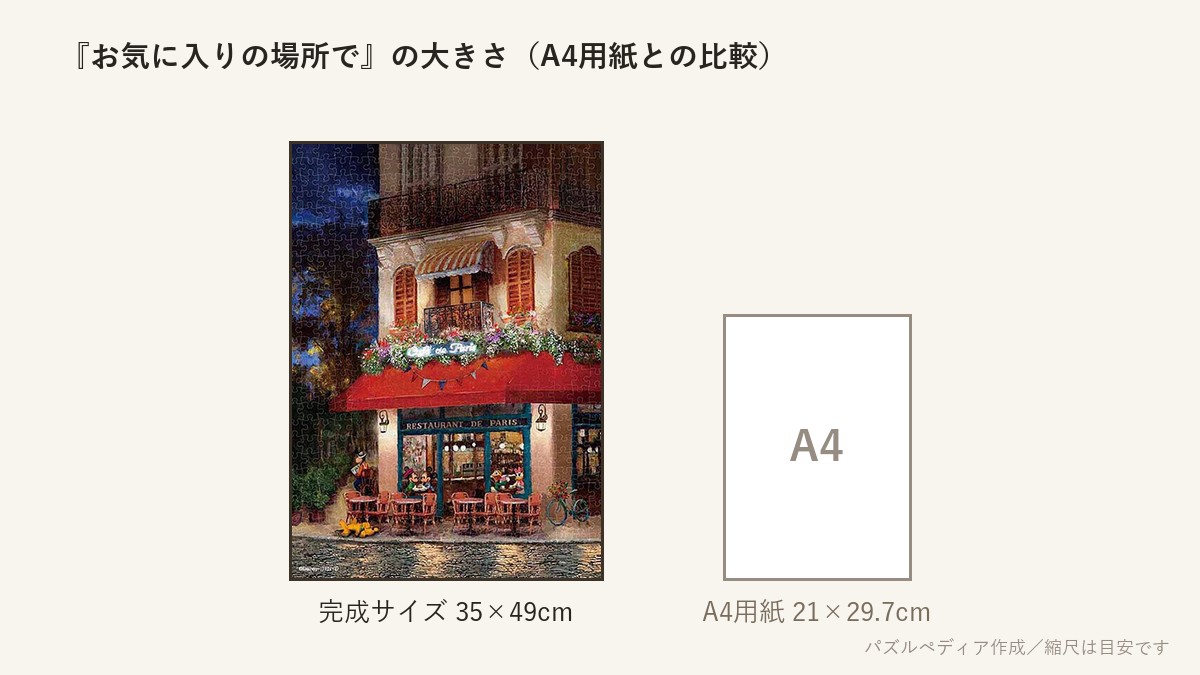 『お気に入りの場所で』の完成サイズ(35×49cm)とA4用紙の大きさの比較図
