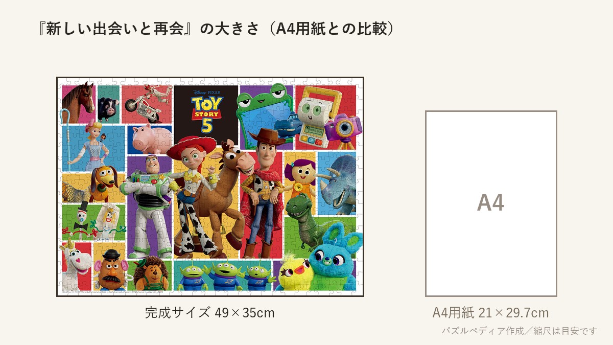 『新しい出会いと再会（トイ・ストーリー5）』の完成サイズ（49×35cm）とA4用紙の大きさの比較図