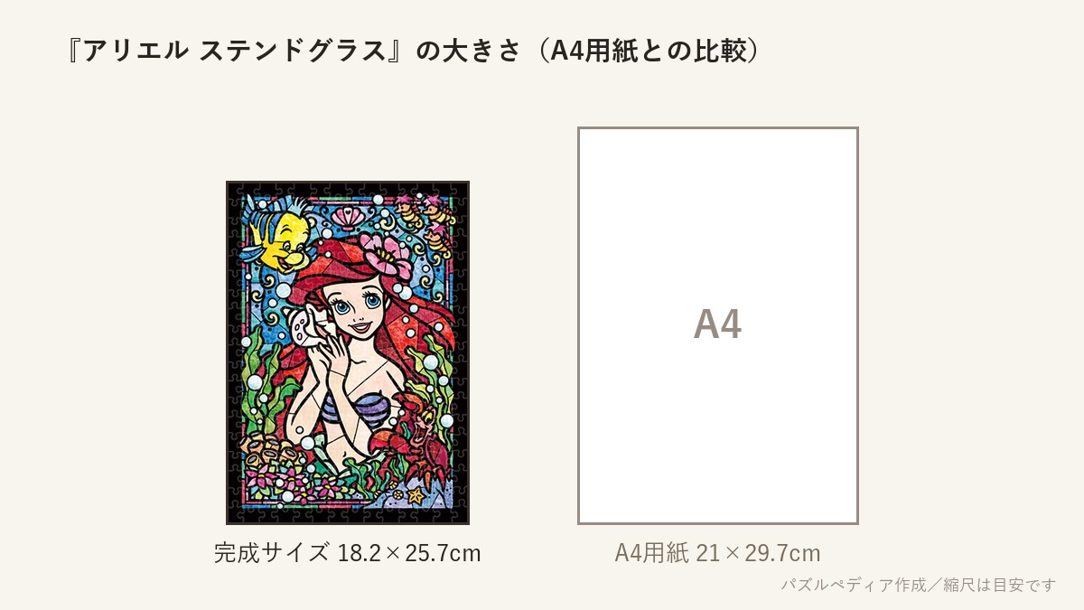 『アリエル ステンドグラス』の完成サイズ(18.2×25.7cm)とA4用紙の大きさの比較図