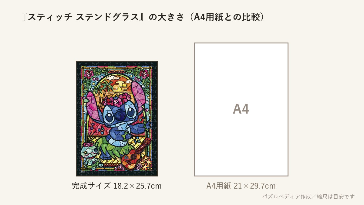 『スティッチ ステンドグラス』の完成サイズ(18.2×25.7cm)とA4用紙の大きさの比較図