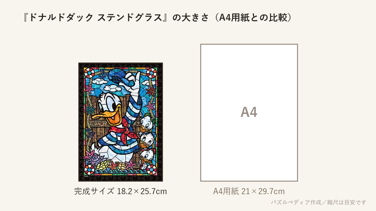 『ドナルドダック ステンドグラス』の完成サイズ(18.2×25.7cm)とA4用紙の大きさの比較図