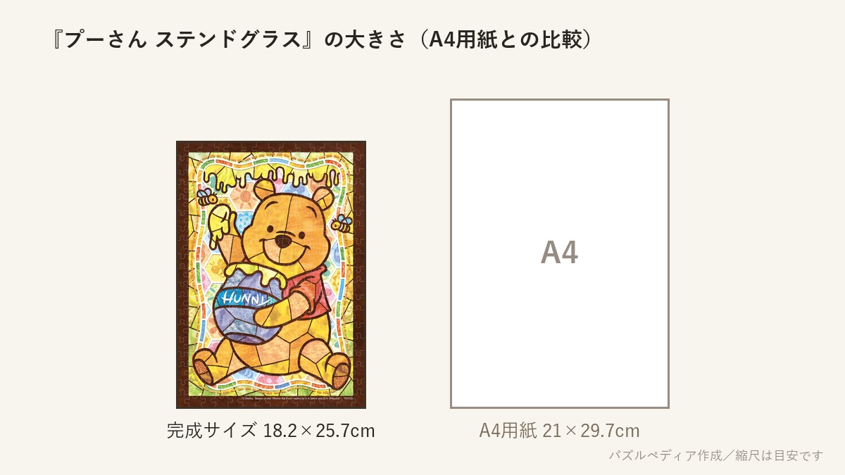 『プーさん ステンドグラス』の完成サイズ(18.2×25.7cm)とA4用紙の大きさの比較図