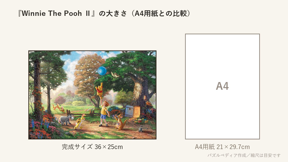 『Winnie The Pooh Ⅱ』の完成サイズ(36×25cm)とA4用紙の大きさの比較図