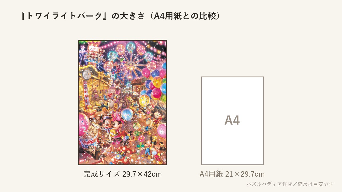 『トワイライトパーク』の完成サイズ(29.7×42cm)とA4用紙の大きさの比較図