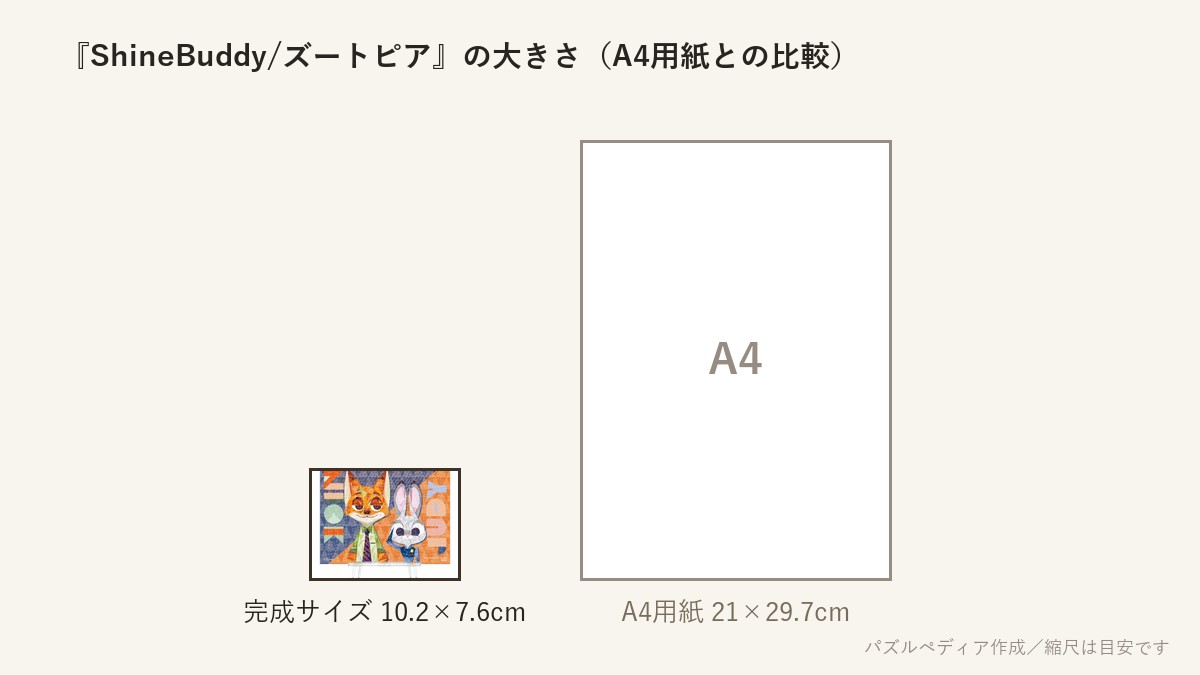 『ShineBuddy/ズートピア』の完成サイズ(10.2×7.6cm)とA4用紙の大きさの比較図