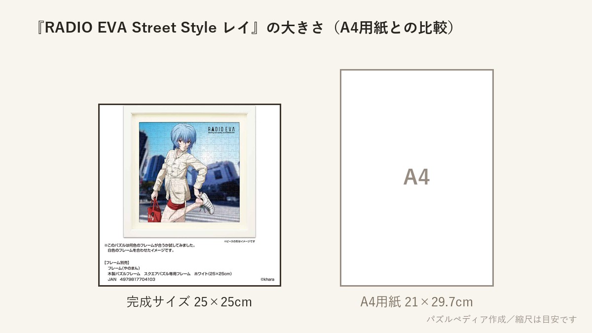 『RADIO EVA Street Style レイ』の完成サイズ(25×25cm)とA4用紙の大きさの比較図