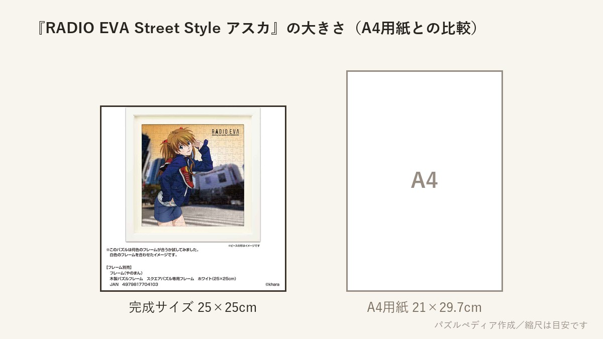 『RADIO EVA Street Style アスカ』の完成サイズ(25×25cm)とA4用紙の大きさの比較図